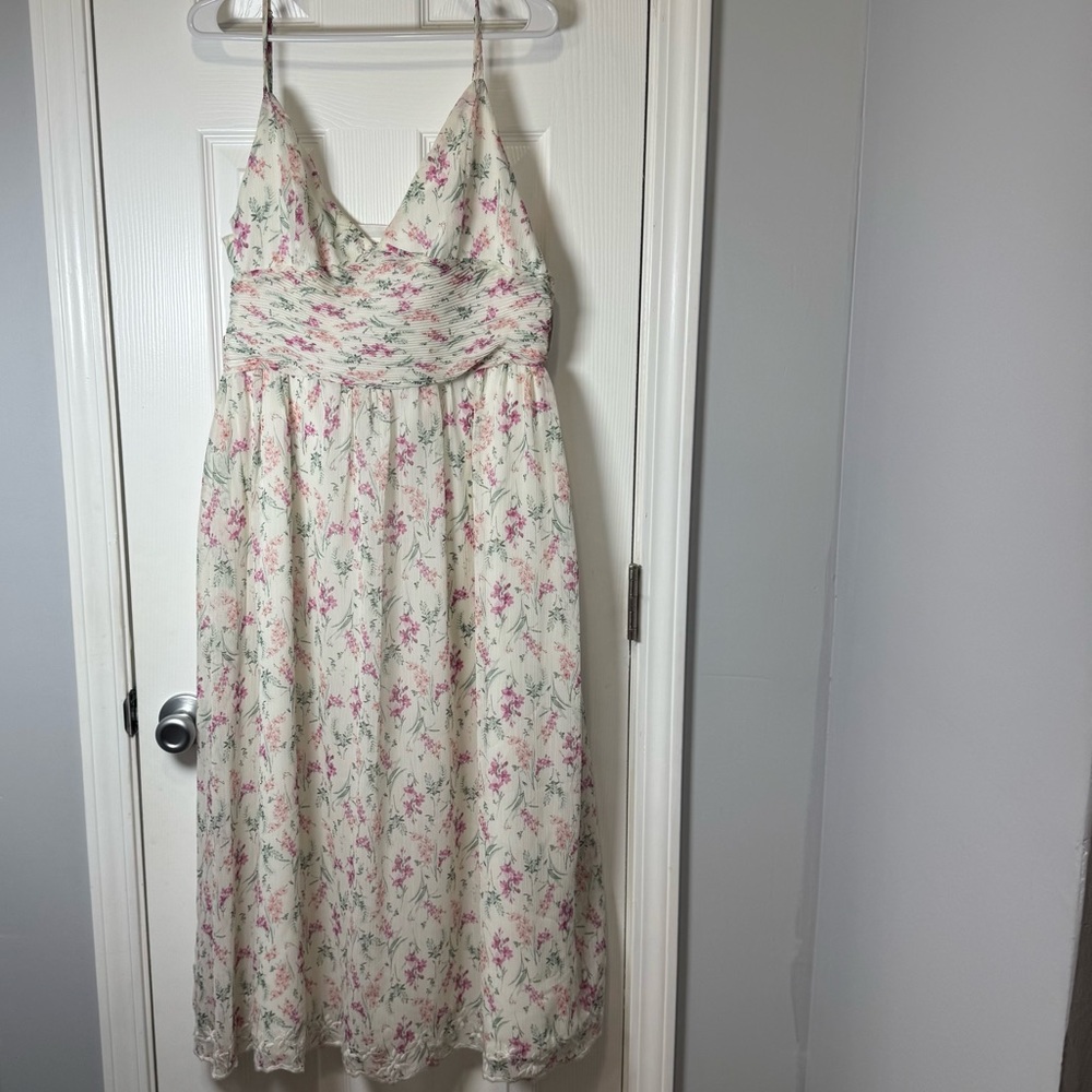 Alter'd State Floral Ruched Pleated Trim Spaghetti Straps Midi Maxi Dress XL NWT